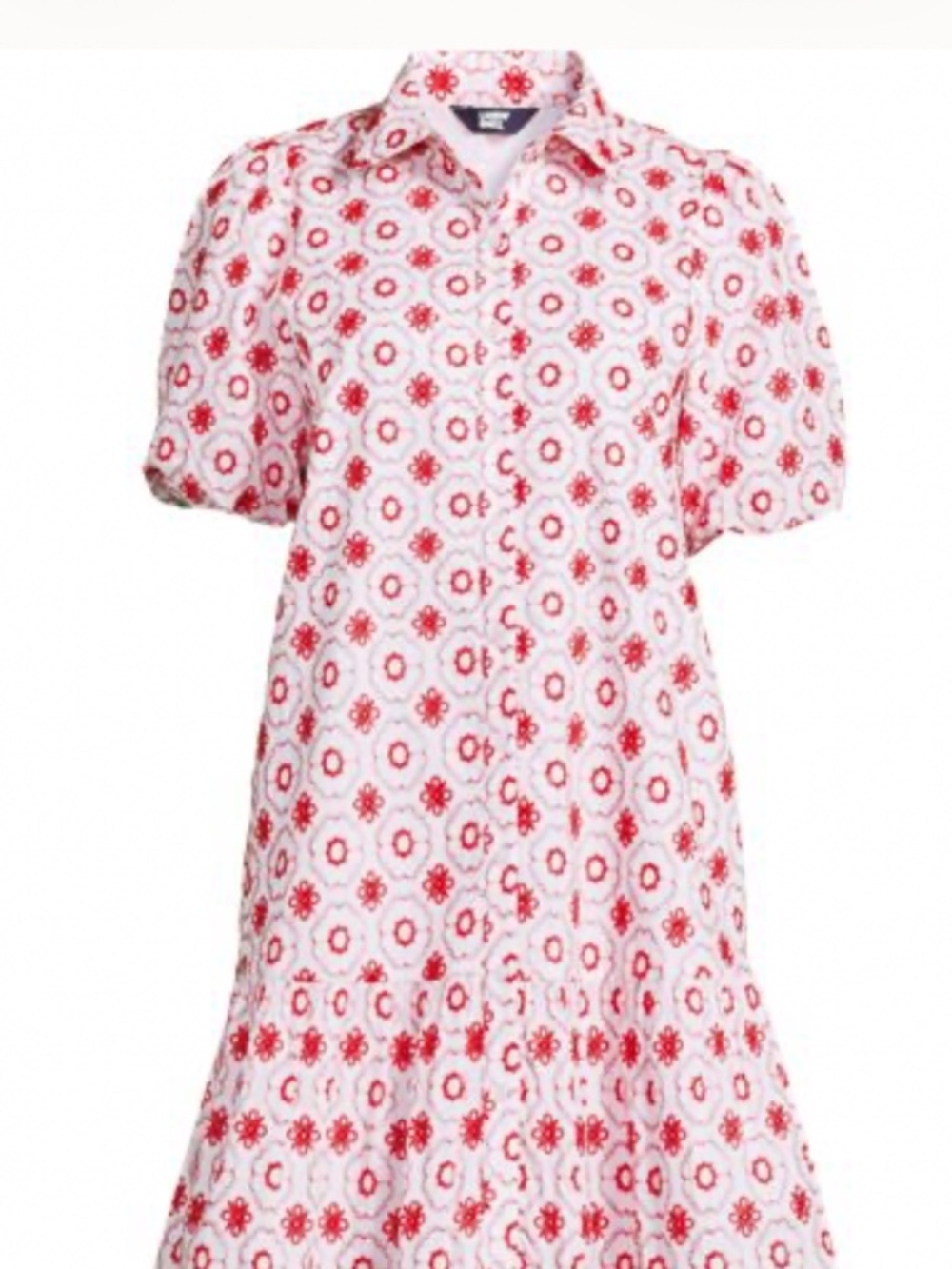 LANDS’ END Women's Elbow Sleeve Eyelet Knee Length Shirt DRESS
